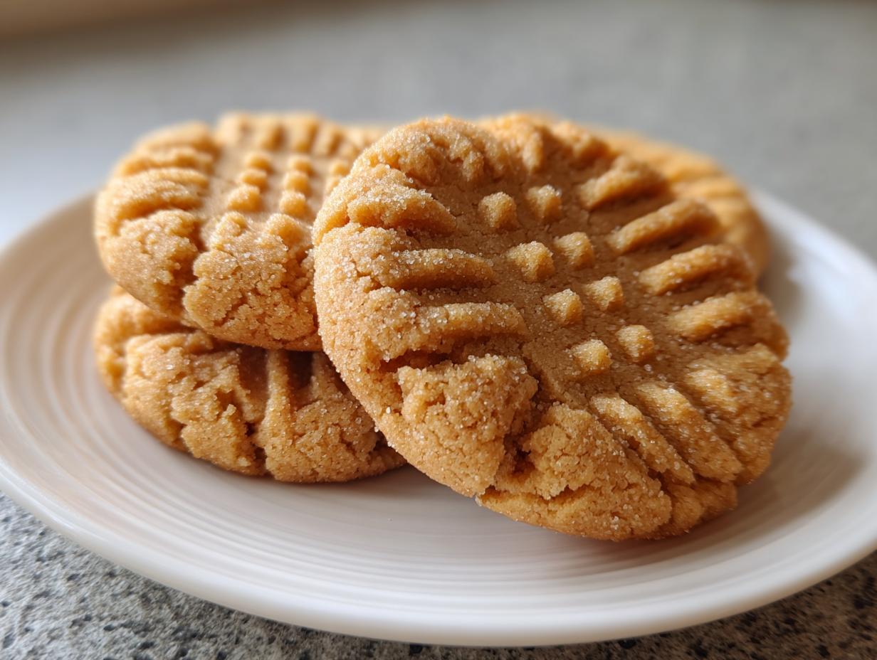 Three golden brown peanut butter cookies with classic fork crosshatch marks stacked on a white plate.