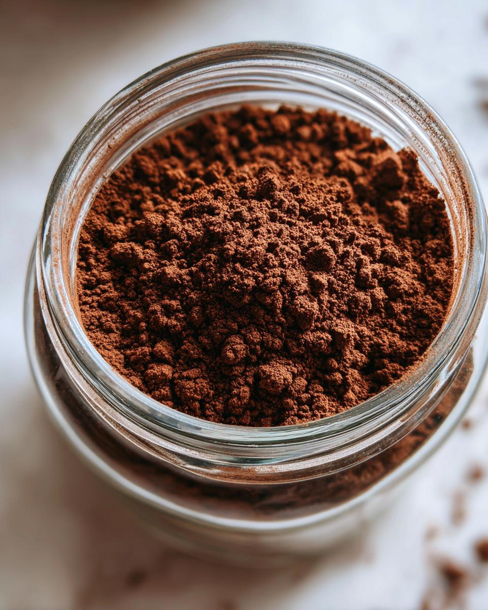 A close-up, overhead view of rich brown powder, representing homemade hot cocoa mix, filling a clear glass jar.