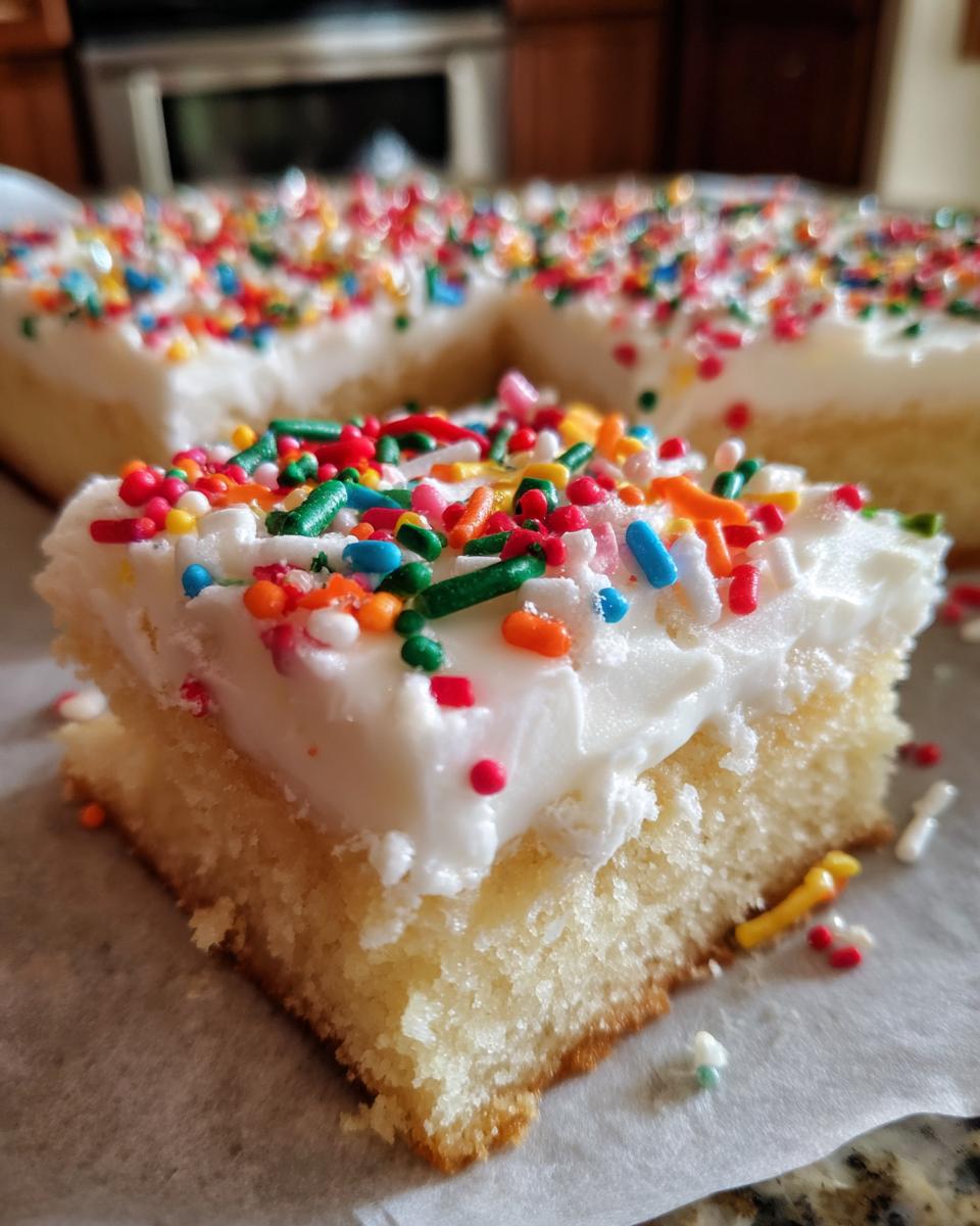 A close-up slice of thick, soft sugar cookie bars topped with white frosting and colorful sprinkles.