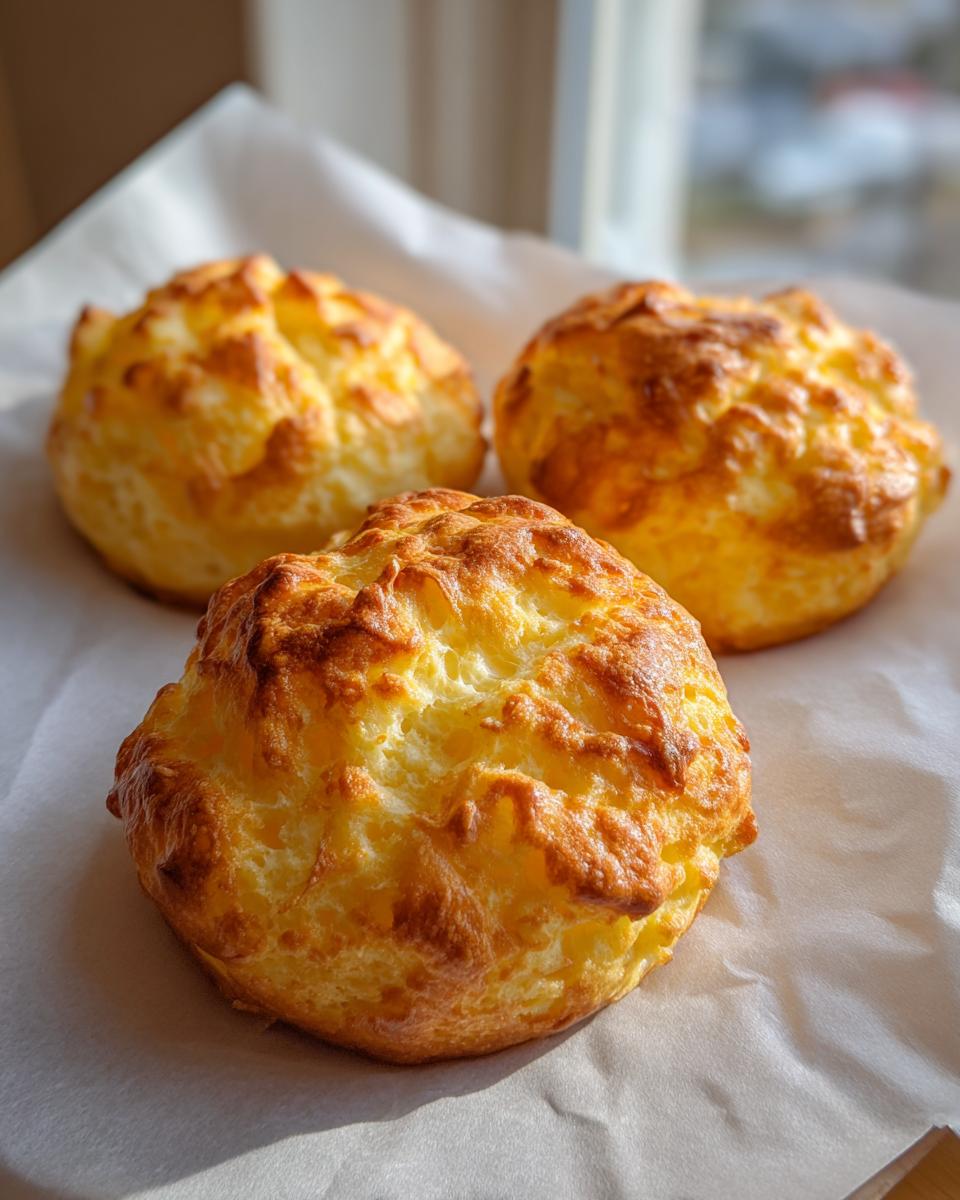 Three freshly baked, golden brown cloud bread puffs resting on white parchment paper.