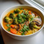 Close-up of a creamy, orange coconut curry soup filled with broccoli florets, sliced carrots, mushrooms, and fresh cilantro.