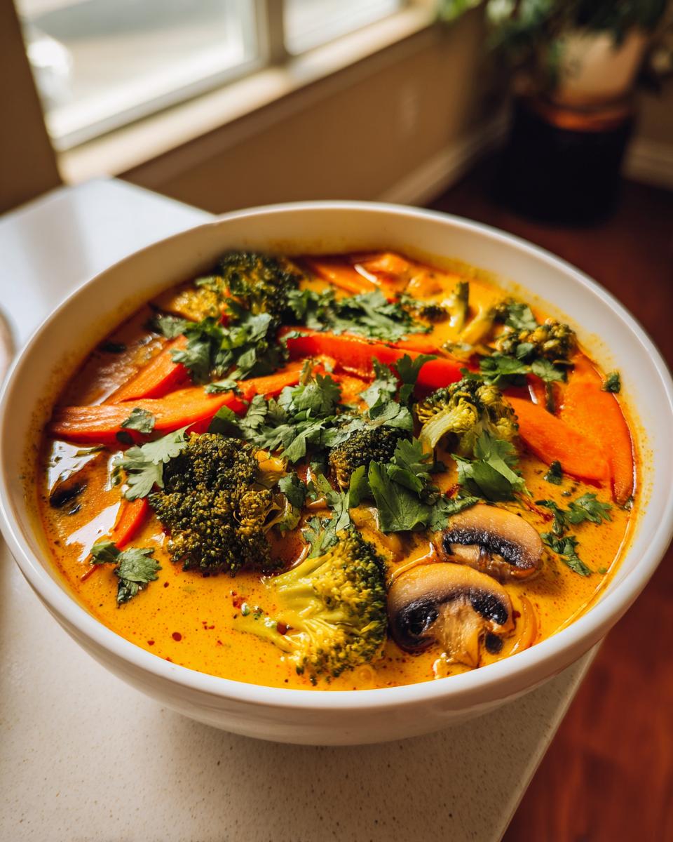 A close-up of a white bowl filled with rich, orange coconut curry soup, topped with broccoli, sliced carrots, mushrooms, and fresh cilantro.