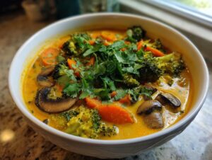 A close-up of a white bowl filled with rich, orange coconut curry soup, loaded with broccoli, carrots, mushrooms, and fresh cilantro.