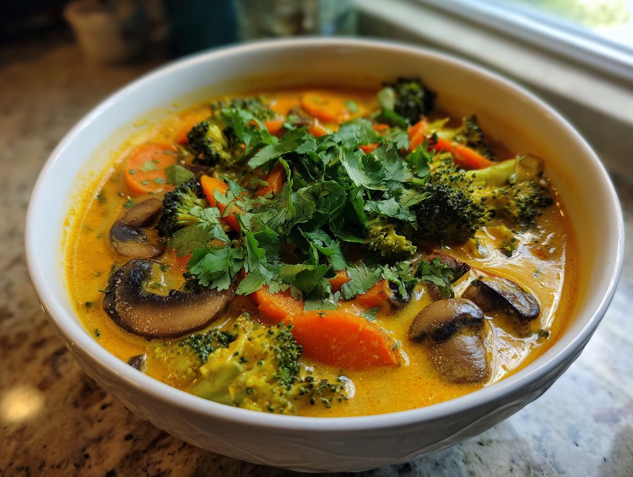 A close-up of a white bowl filled with rich, orange coconut curry soup, loaded with broccoli, carrots, mushrooms, and fresh cilantro.