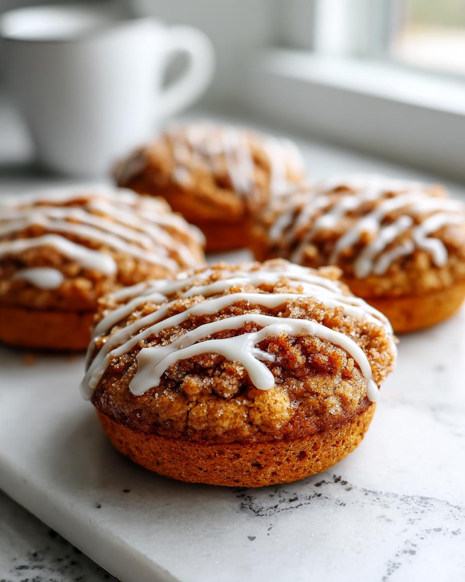 Four soft coffee cake cookies topped with cinnamon streusel and white vanilla glaze, sitting on a marble surface.