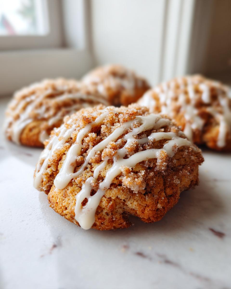 A close-up of one of the soft coffee cake cookies topped with cinnamon streusel and a white vanilla glaze drizzle.