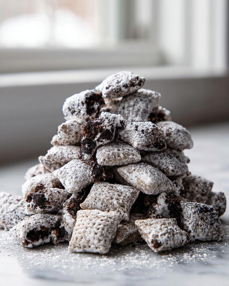 A tall pile of cookies and cream puppy chow pieces heavily coated in powdered sugar, sitting on a marble surface.