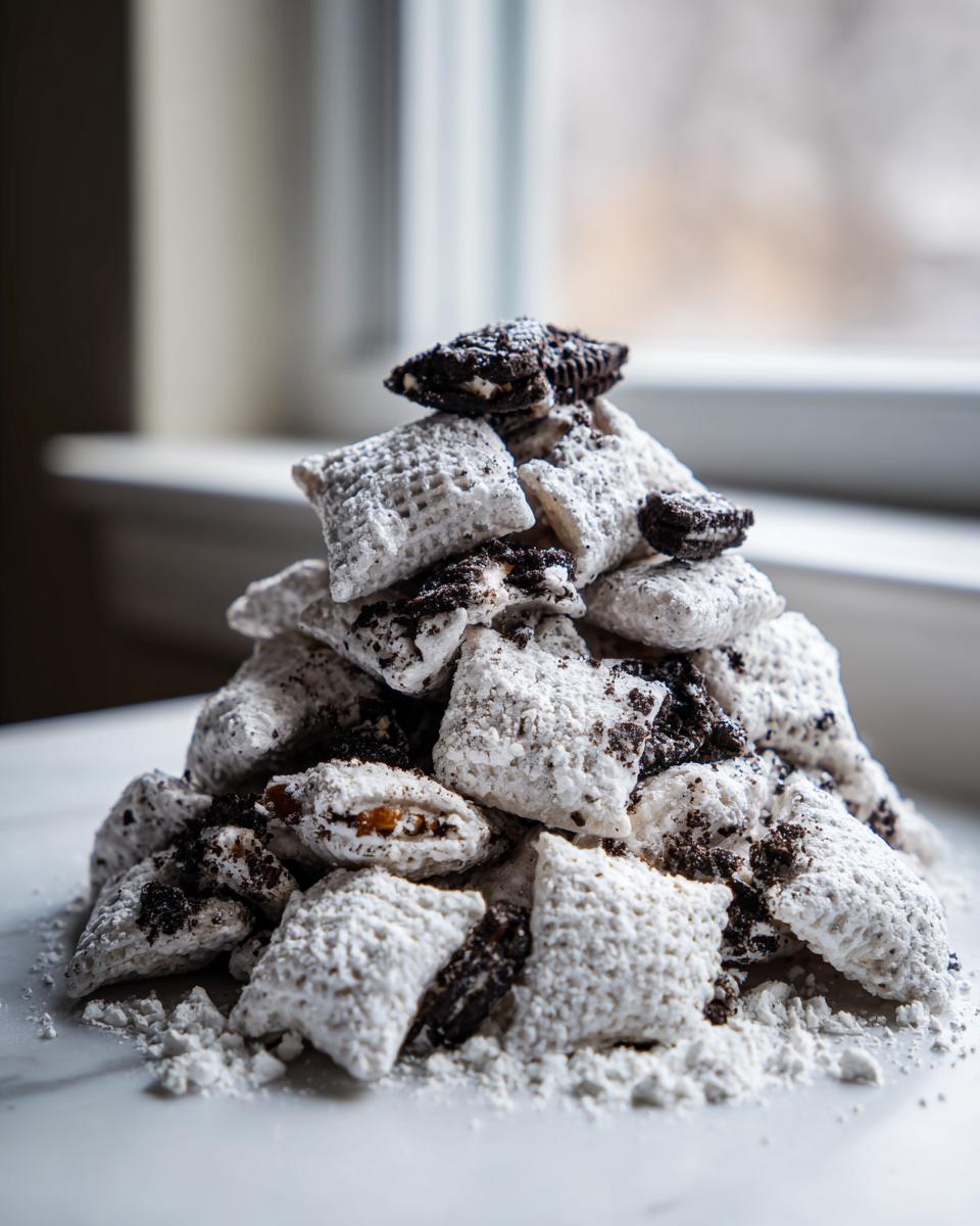 A mound of powdered sugar-coated cookies and cream puppy chow mixed with crushed Oreo pieces.