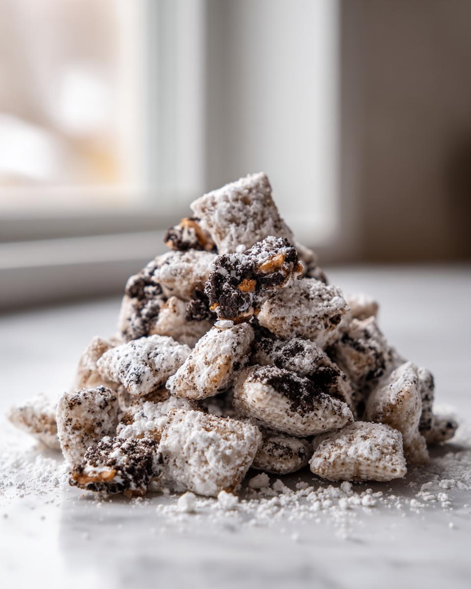 A close-up mound of cookies and cream puppy chow coated heavily in white powdered sugar.
