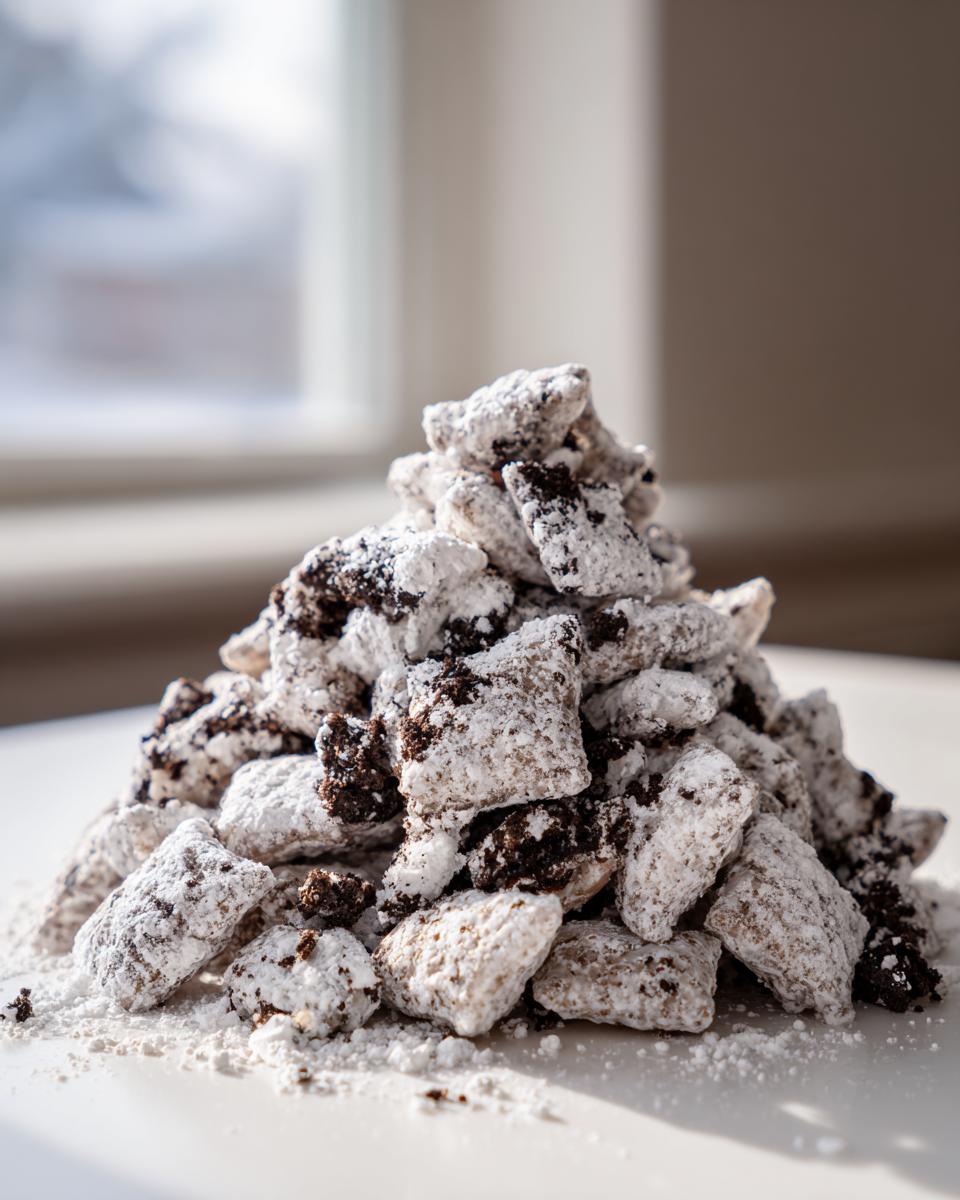 A tall pile of cookies and cream puppy chow coated heavily in white powdered sugar, sitting on a white surface.