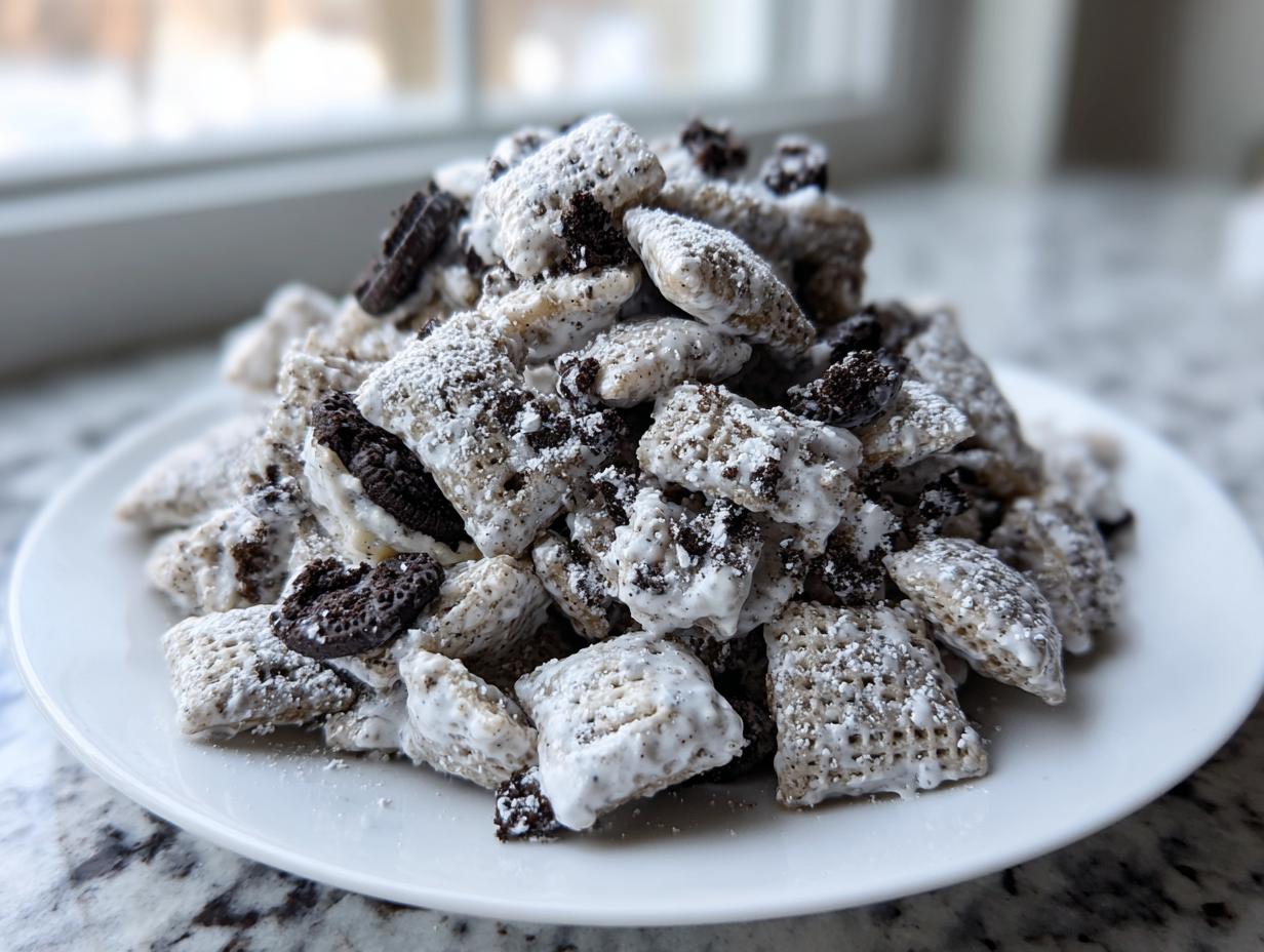 A close-up photo of a large pile of cookies and cream puppy chow coated in white powder, served on a white plate.
