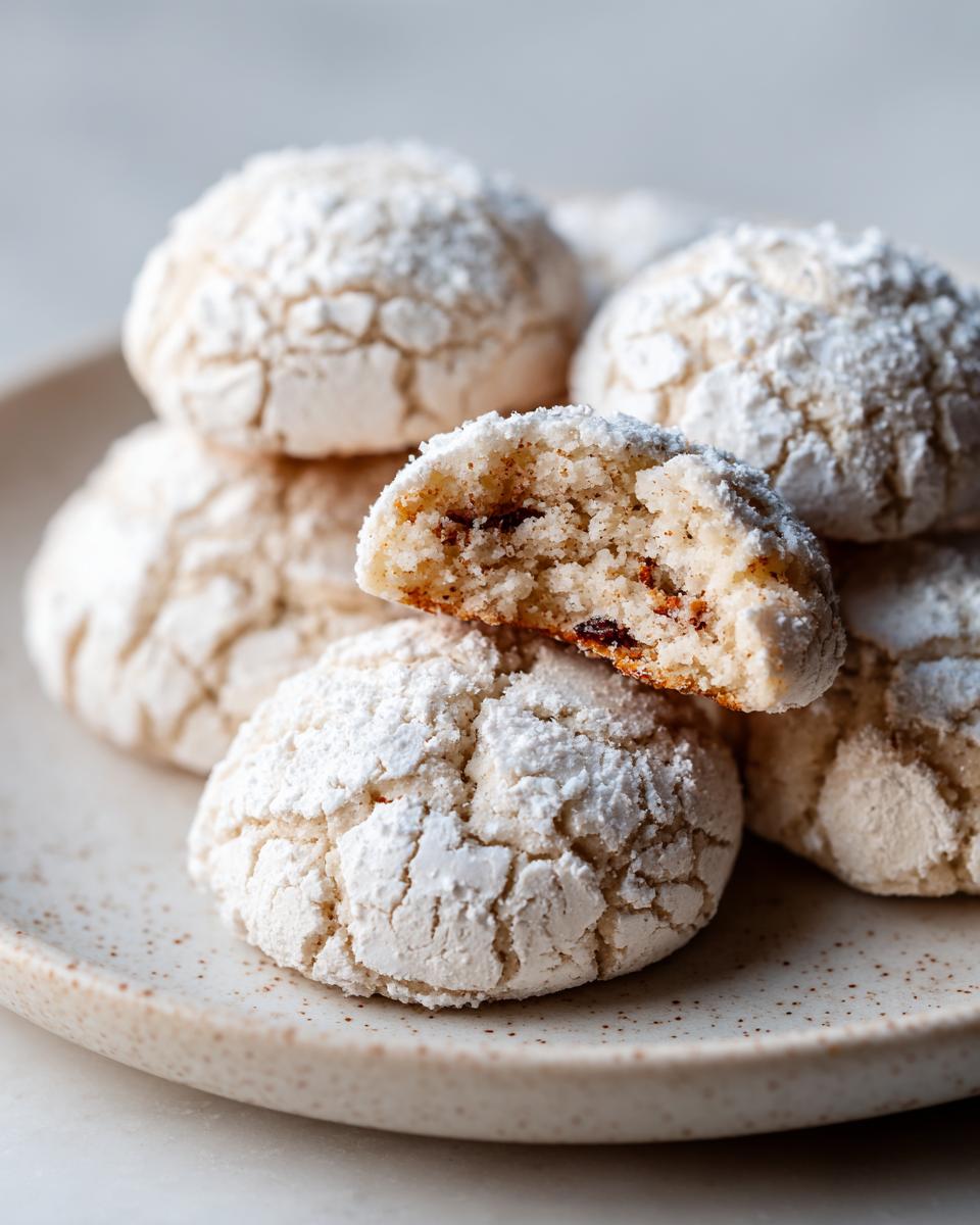 A stack of powdered sugar dusted cool whip cookies, with one cookie broken in half showing the soft interior.