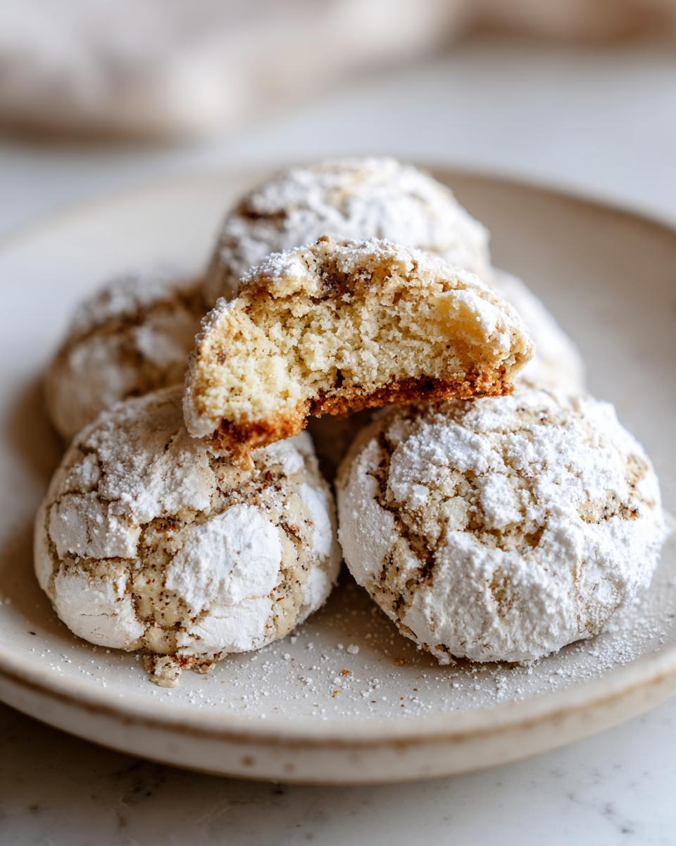 Close-up of several soft, cracked cool whip cookies heavily dusted with powdered sugar, one is broken open.