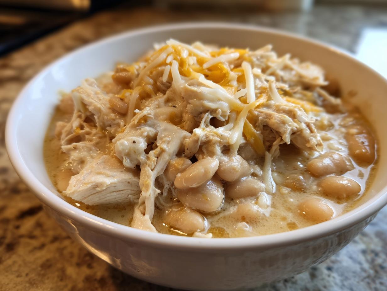 A close-up of a white bowl filled with creamy, shredded chicken and white beans, topped with shredded cheese, representing cream cheese chicken chili.