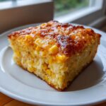 A square slice of moist cream cheese corn casserole with visible corn kernels and a golden, slightly caramelized top.