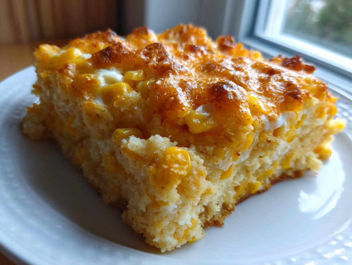 A generous slice of baked cream cheese corn casserole with a golden, slightly browned top, served on a white plate.