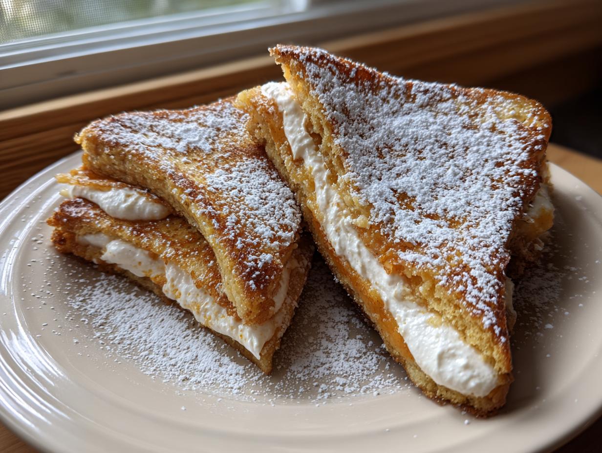 Two halves of golden brown cream cheese stuffed french toast dusted heavily with powdered sugar on a plate.