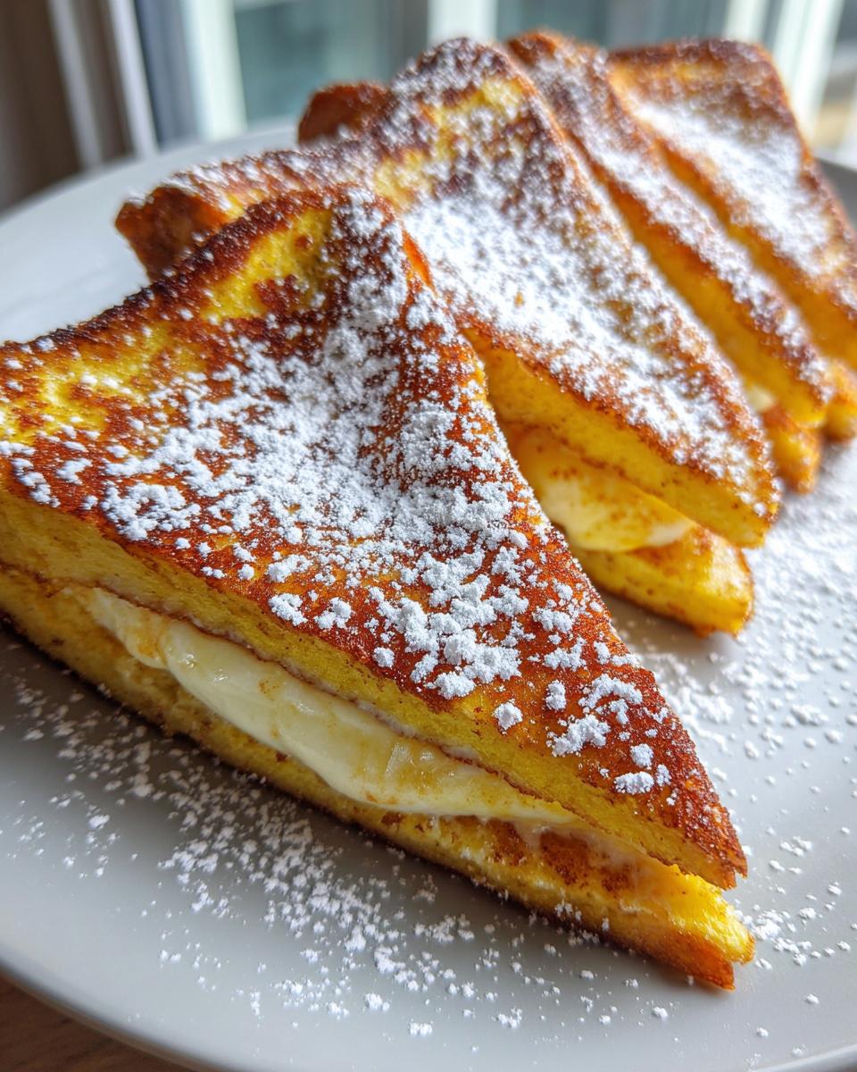 Four triangular slices of golden brown cream cheese stuffed french toast dusted heavily with powdered sugar.