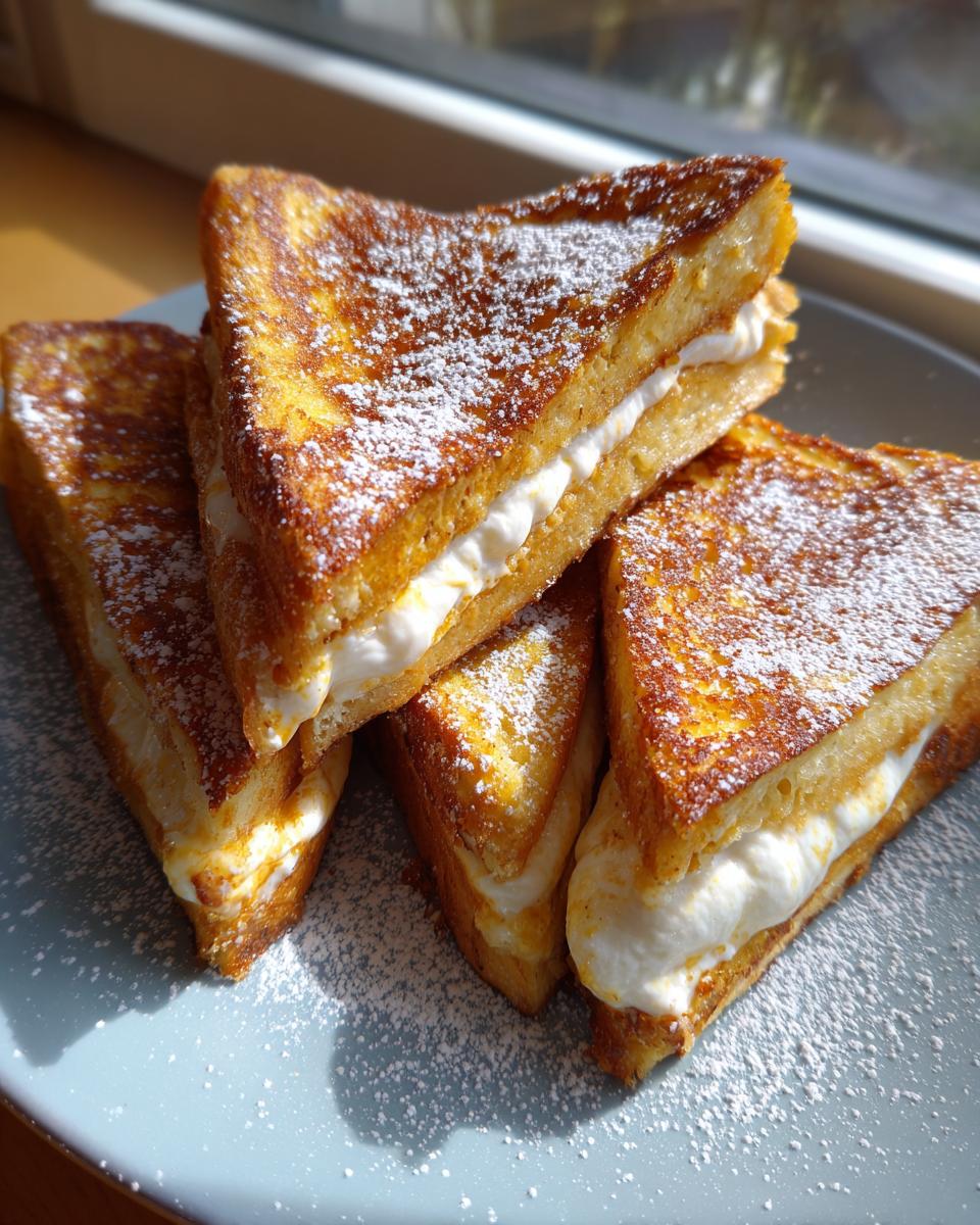 Four golden brown triangles of cream cheese stuffed french toast dusted with powdered sugar.