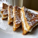 Four triangles of golden brown cream cheese stuffed french toast dusted heavily with powdered sugar.