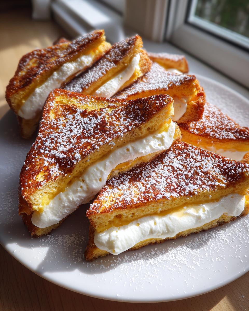 Golden brown cream cheese stuffed french toast triangles dusted with powdered sugar on a white plate.