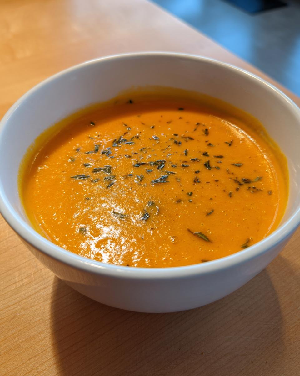 Close-up of a bowl of bright orange, creamy butternut squash soup garnished with dried herbs.
