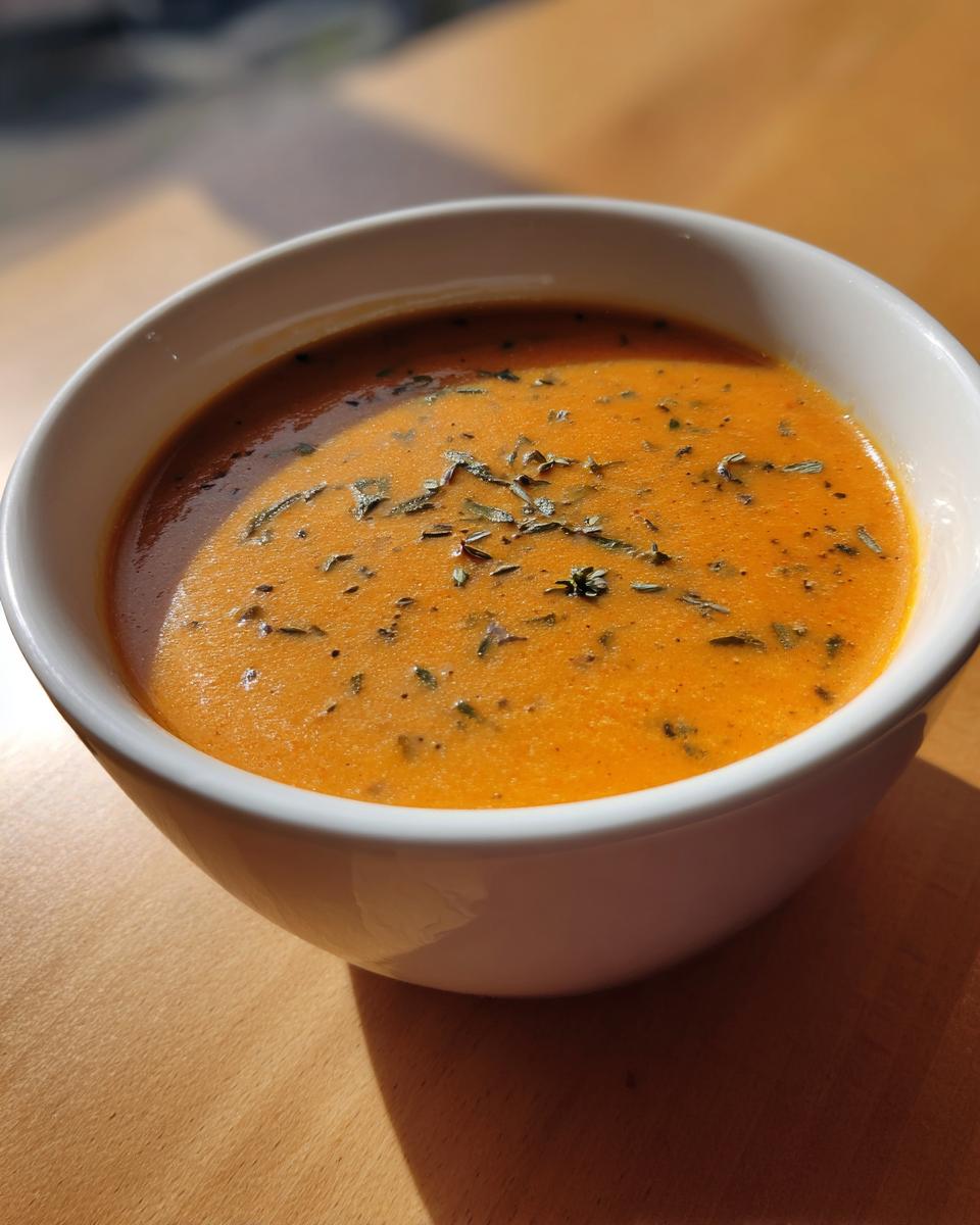 Close-up of a bowl of creamy butternut squash soup garnished with dried herbs.