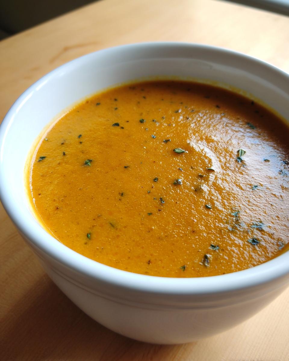 Close-up of creamy, orange butternut squash soup garnished with herbs in a white bowl.