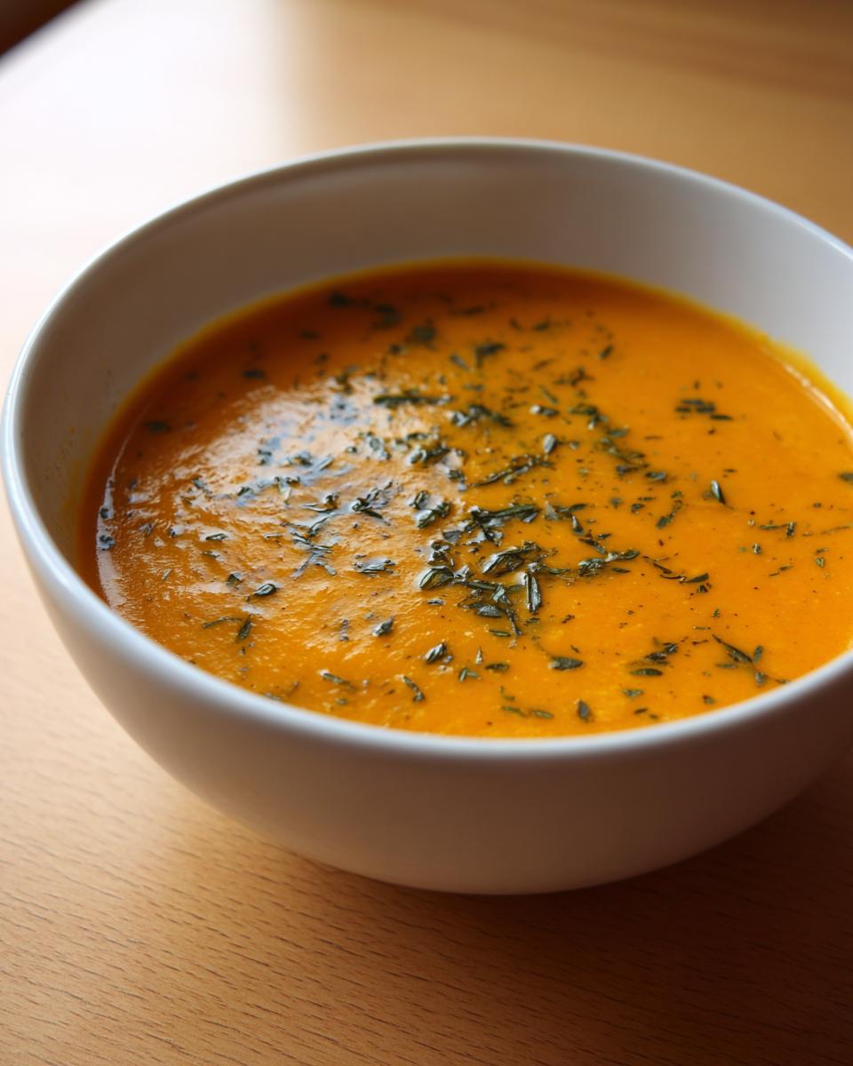 Close-up of creamy butternut squash soup with dried herbs sprinkled on top, served in a white bowl.