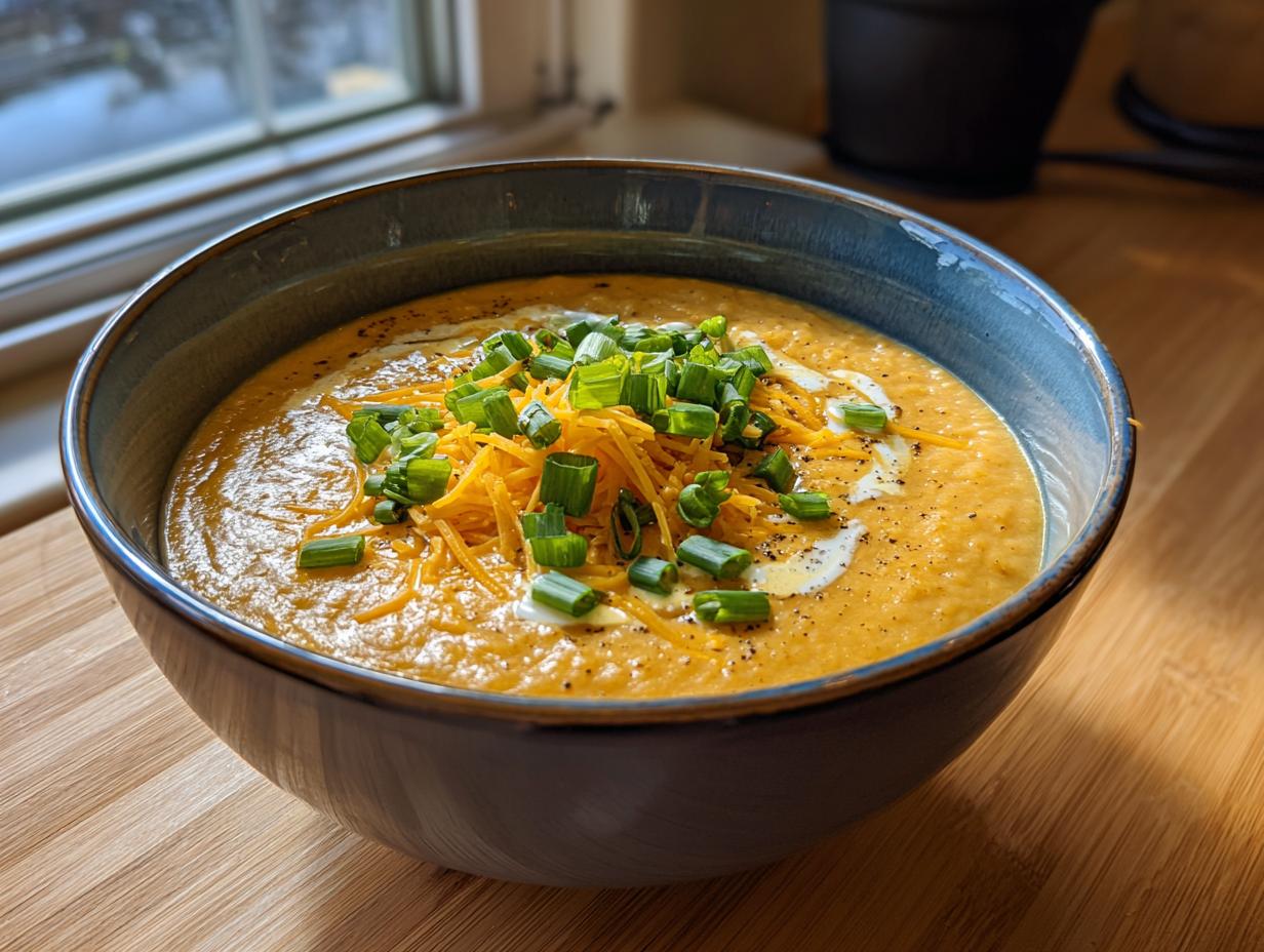 A close-up of a bowl of creamy, orange-hued cauliflower soup topped with shredded cheddar, green onions, and a swirl of cream.