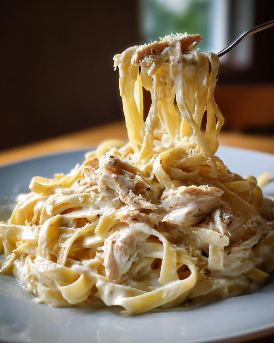 A fork lifting strands of fettuccine covered in creamy sauce and shredded chicken from a plate of chicken alfredo.