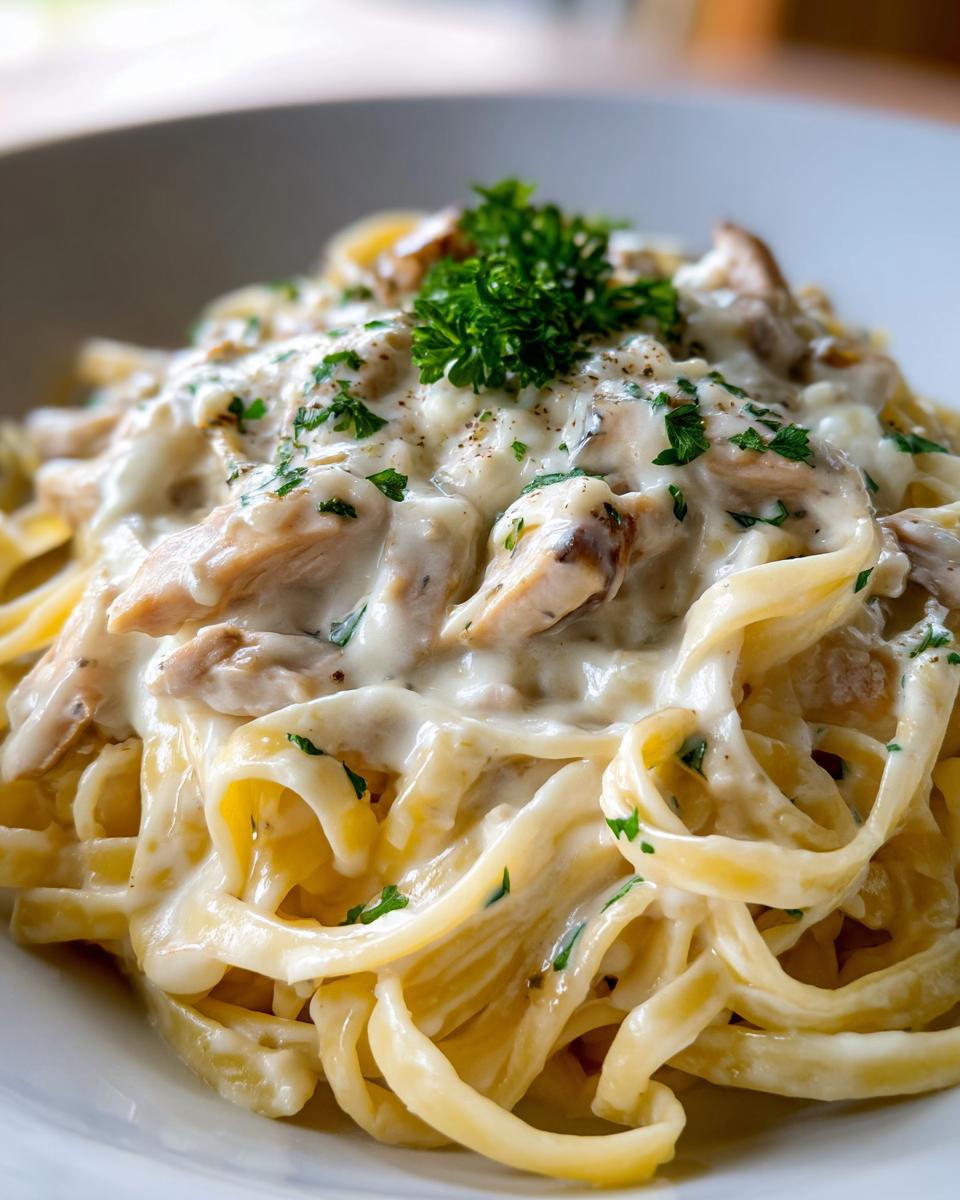 A close-up shot of rich chicken alfredo pasta, featuring fettuccine noodles coated in creamy white sauce with chunks of chicken and topped with fresh parsley.