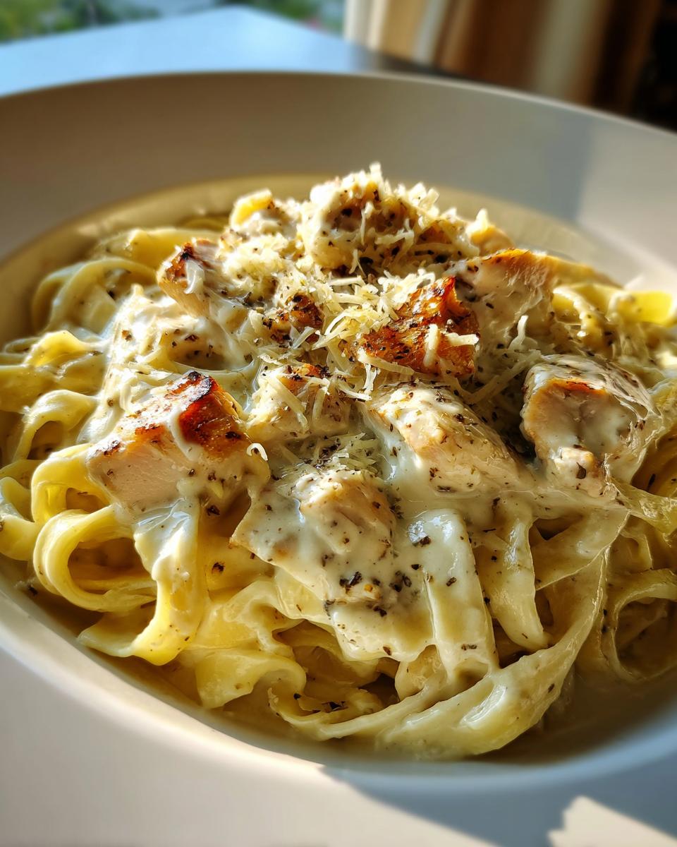 Close-up of a bowl of rich chicken alfredo pasta topped with grilled chicken pieces and grated Parmesan cheese.