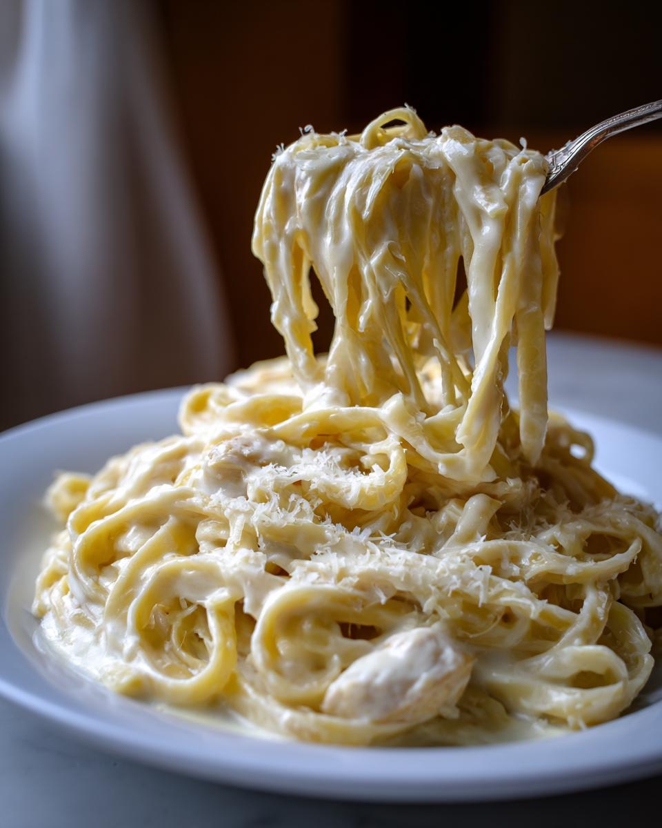 A fork lifts a generous portion of creamy chicken alfredo pasta, coated in rich white sauce and topped with grated Parmesan cheese.