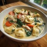 Close-up of a white bowl filled with creamy chicken tortellini soup, featuring tortellini, shredded chicken, carrots, and spinach.