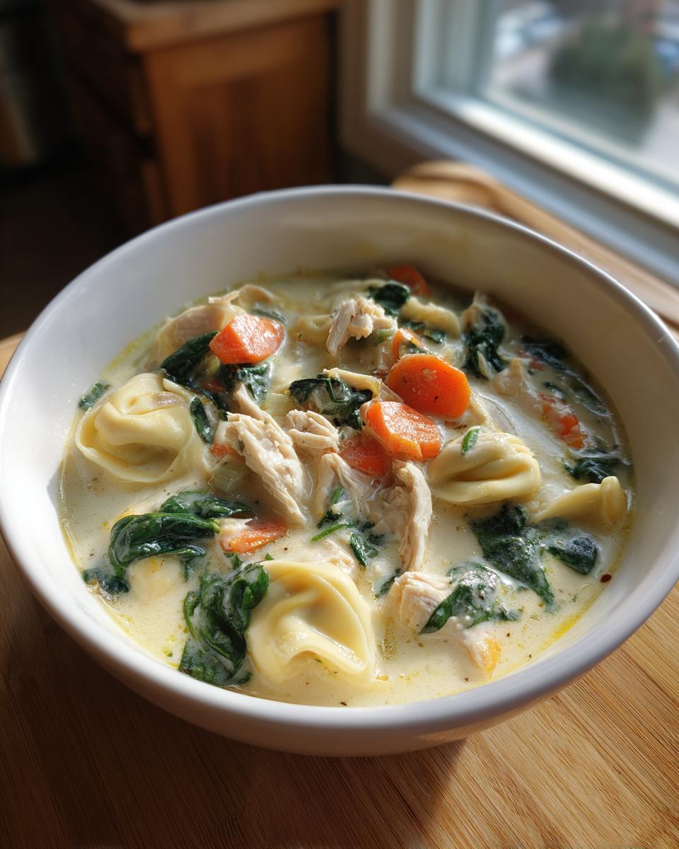 A close-up of a white bowl filled with creamy chicken tortellini soup, featuring shredded chicken, carrots, and spinach.