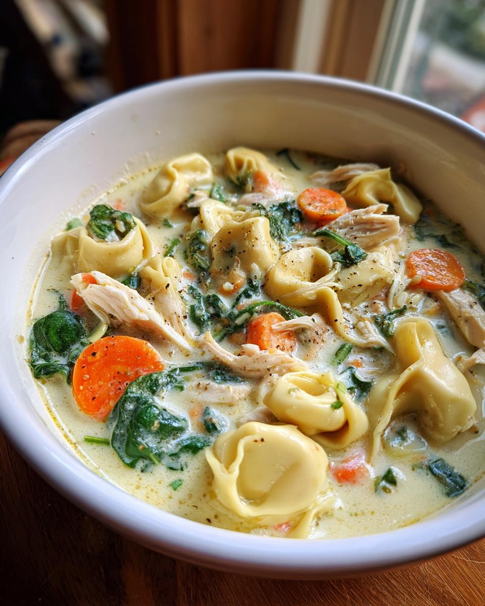 Close-up of a white bowl filled with creamy chicken tortellini soup, featuring tortellini, shredded chicken, carrots, and spinach.