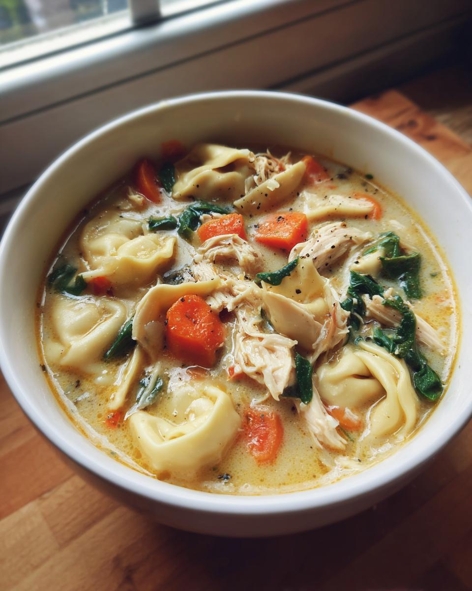 A close-up of a white bowl filled with creamy chicken tortellini soup featuring tortellini, shredded chicken, carrots, and spinach.