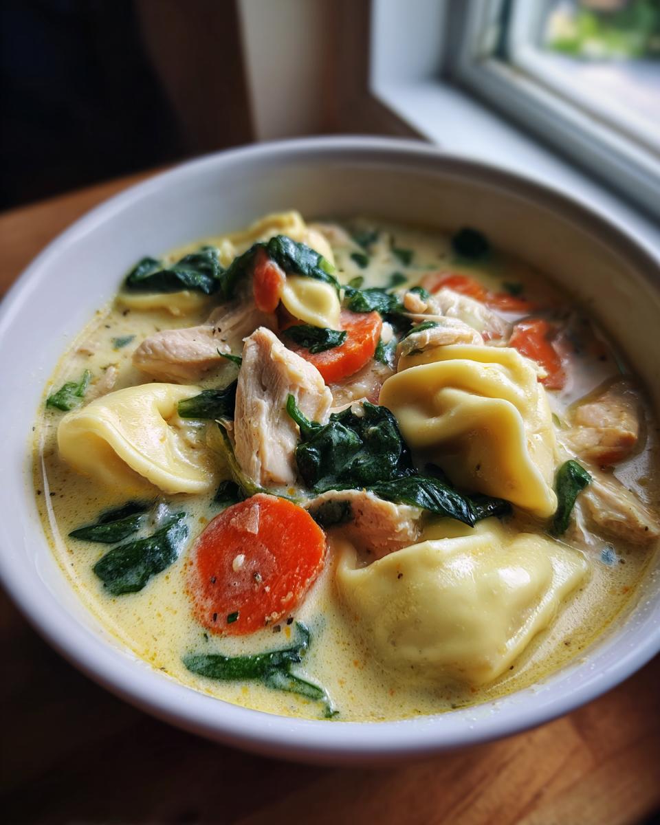 Close-up of a white bowl filled with creamy chicken tortellini soup, featuring tortellini, chicken chunks, carrots, and spinach.