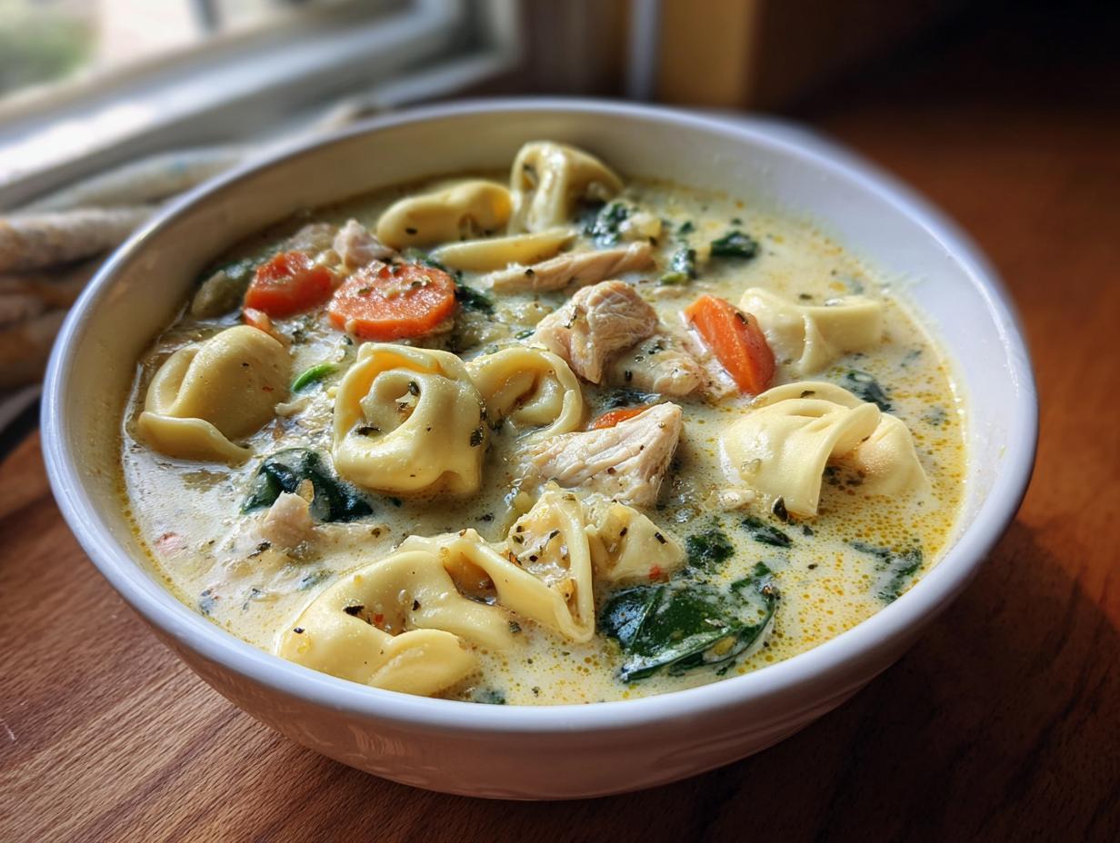 Close-up of a white bowl filled with creamy chicken tortellini soup, featuring tortellini, chicken chunks, carrots, and spinach.
