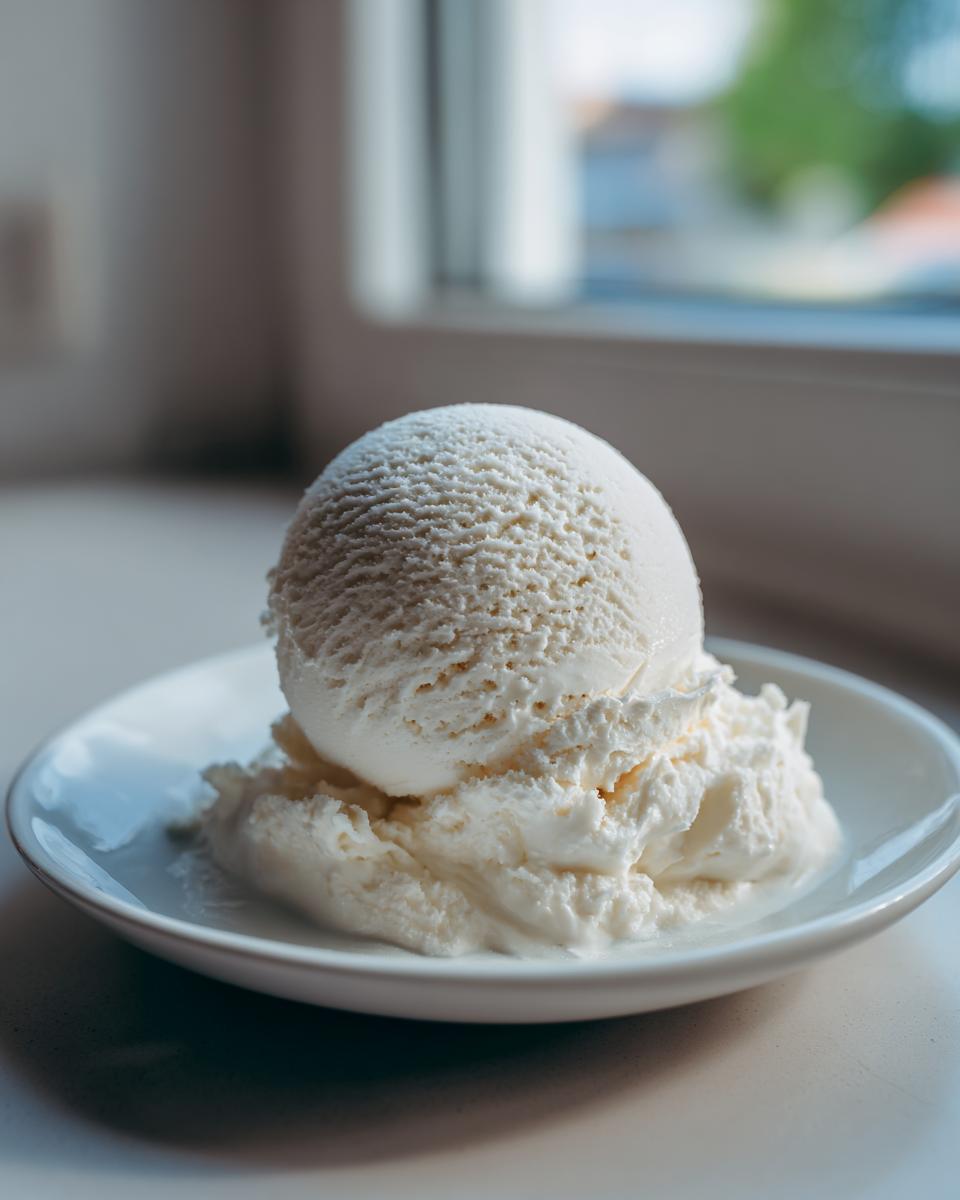 A perfect scoop of white, creamy cottage cheese ice cream melting slightly on a small white dish.