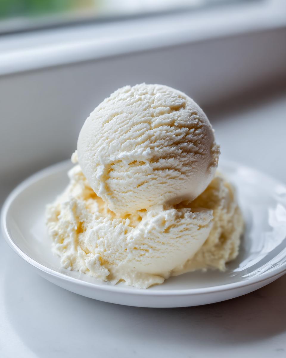 Two scoops of creamy, pale yellow cottage cheese ice cream served in a small white bowl.