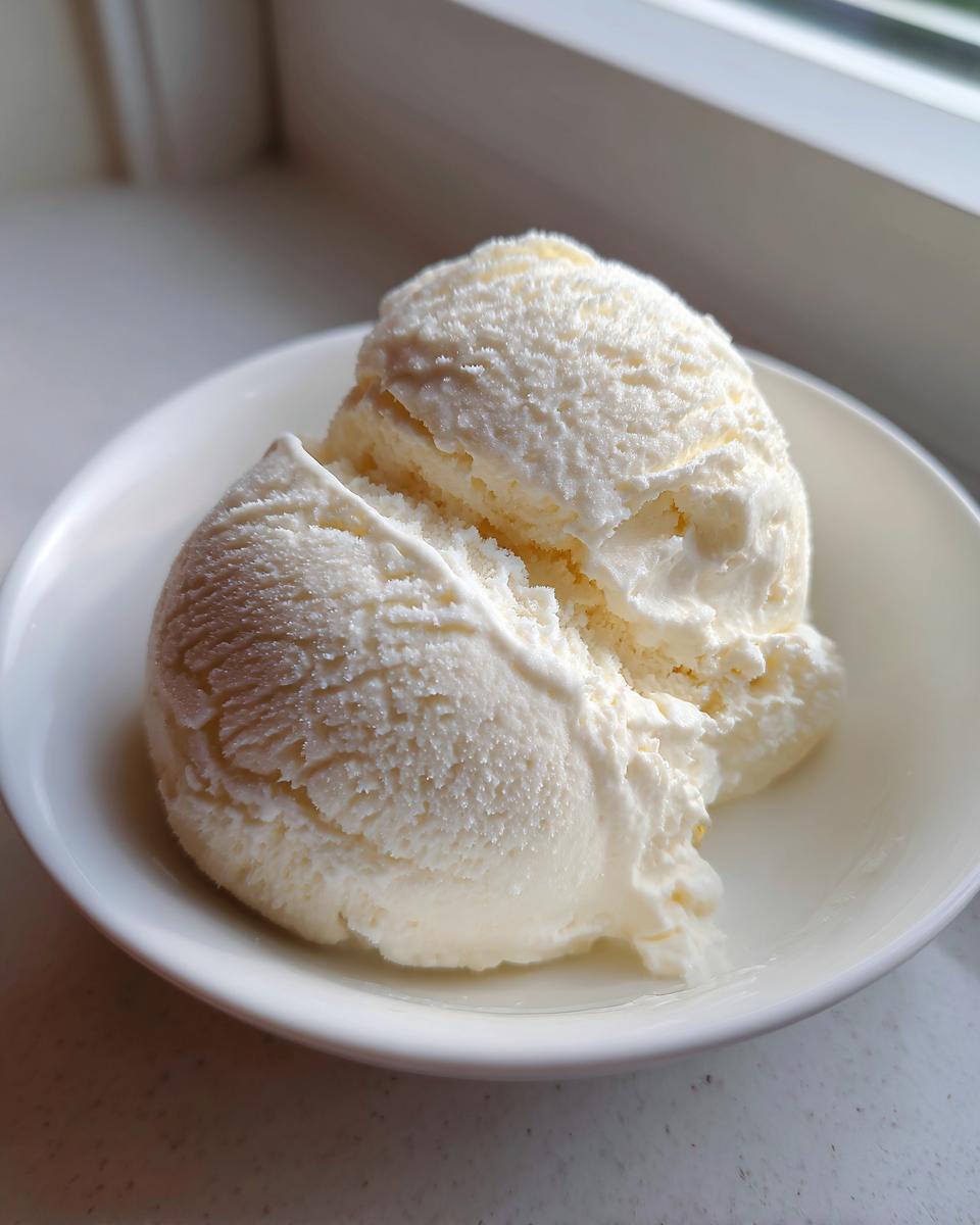 Two scoops of creamy, pale yellow cottage cheese ice cream served in a small white bowl.