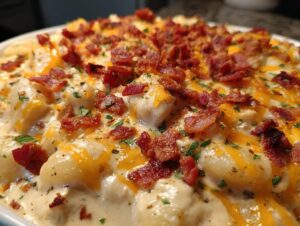 A close-up view of creamy crack chicken gnocchi topped generously with melted cheddar cheese, crispy bacon bits, and parsley.