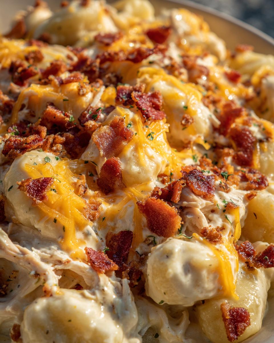 A close-up of creamy crack chicken gnocchi topped with melted cheddar cheese and crispy bacon crumbles.