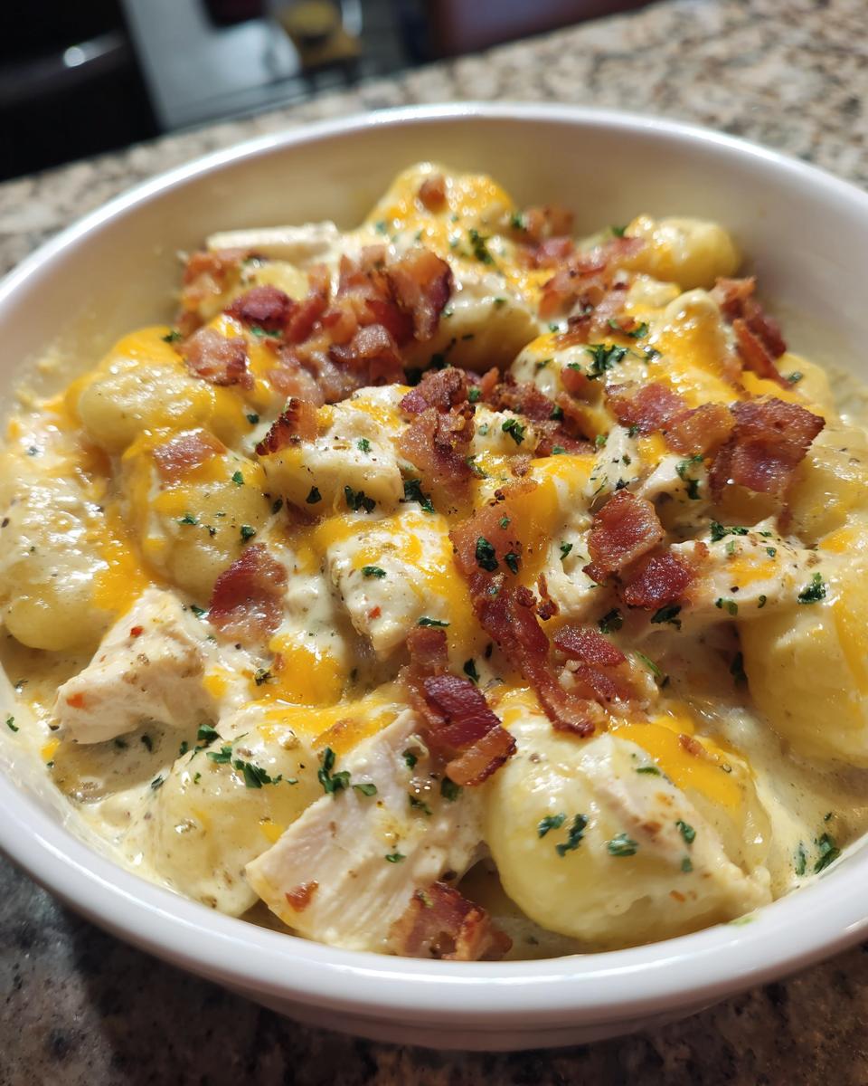 A close-up of creamy crack chicken gnocchi topped with melted cheddar cheese, bacon bits, and parsley.