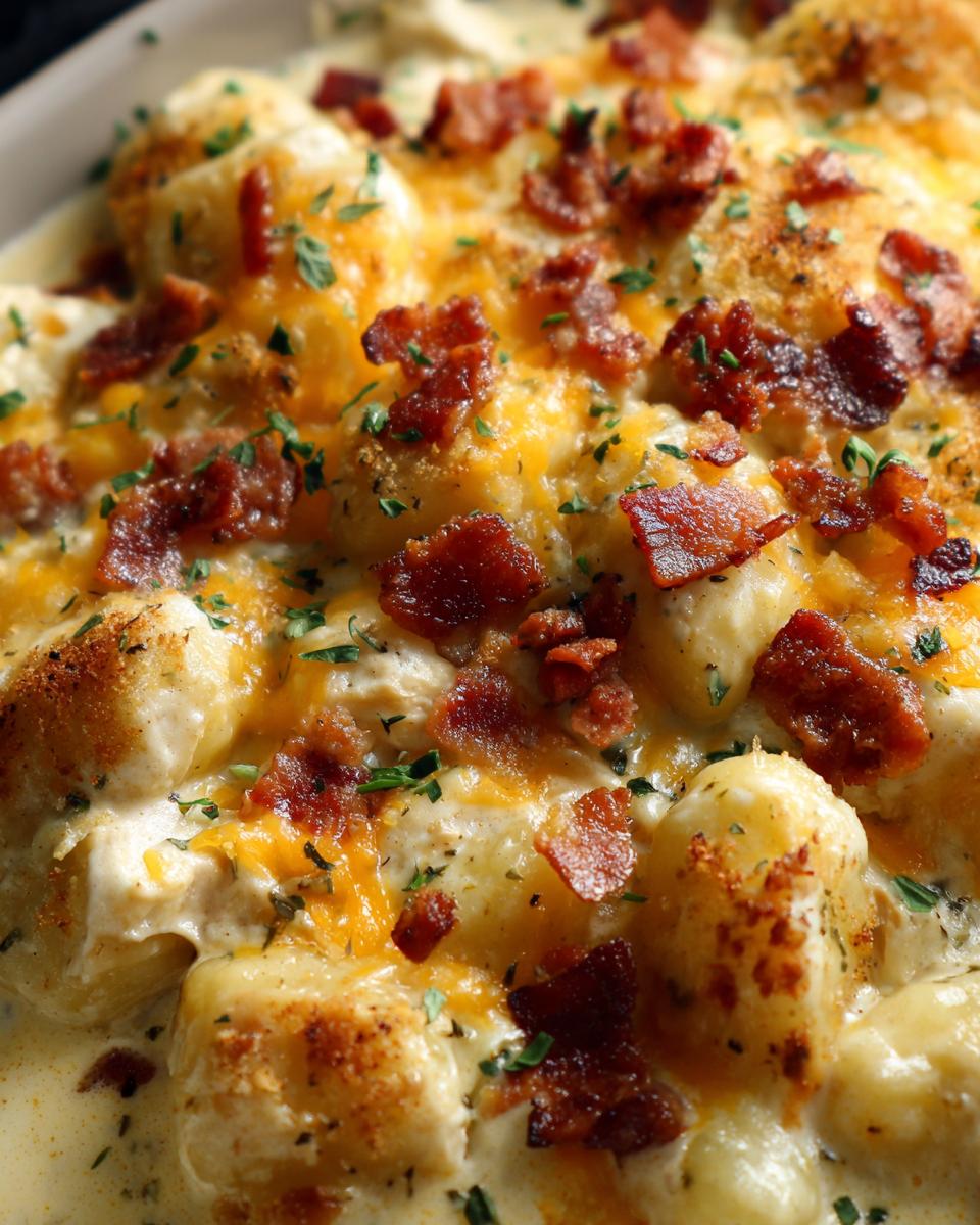 Close-up of creamy crack chicken gnocchi baked with melted cheddar cheese and crispy bacon bits.