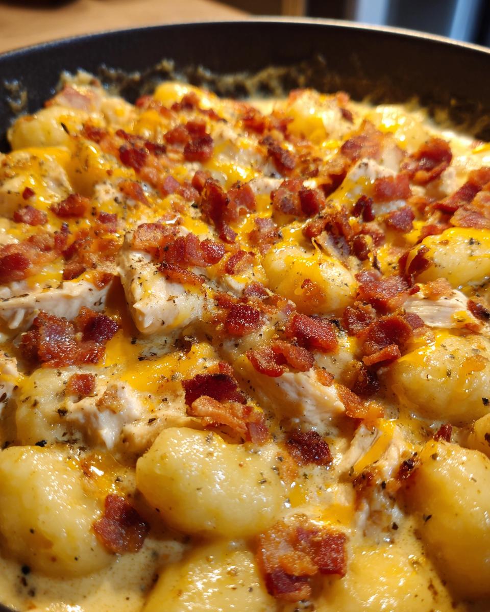 A close-up view of creamy crack chicken gnocchi topped with melted cheese and crispy bacon bits, served directly in the skillet.