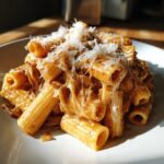 A close-up of creamy french onion pasta made with rigatoni, topped with melted cheese strings and grated parmesan.