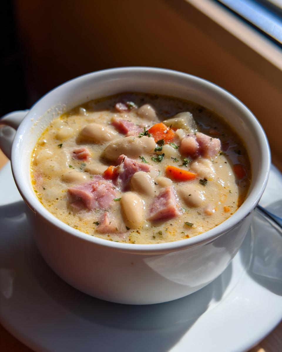 Close-up of a creamy white bean soup featuring chunks of ham and diced carrots, served in a white mug.